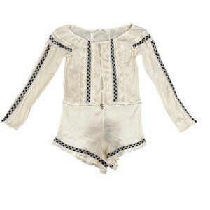 Love Shack Fancy Embroidered Boho Romper — Ivory Black Trim